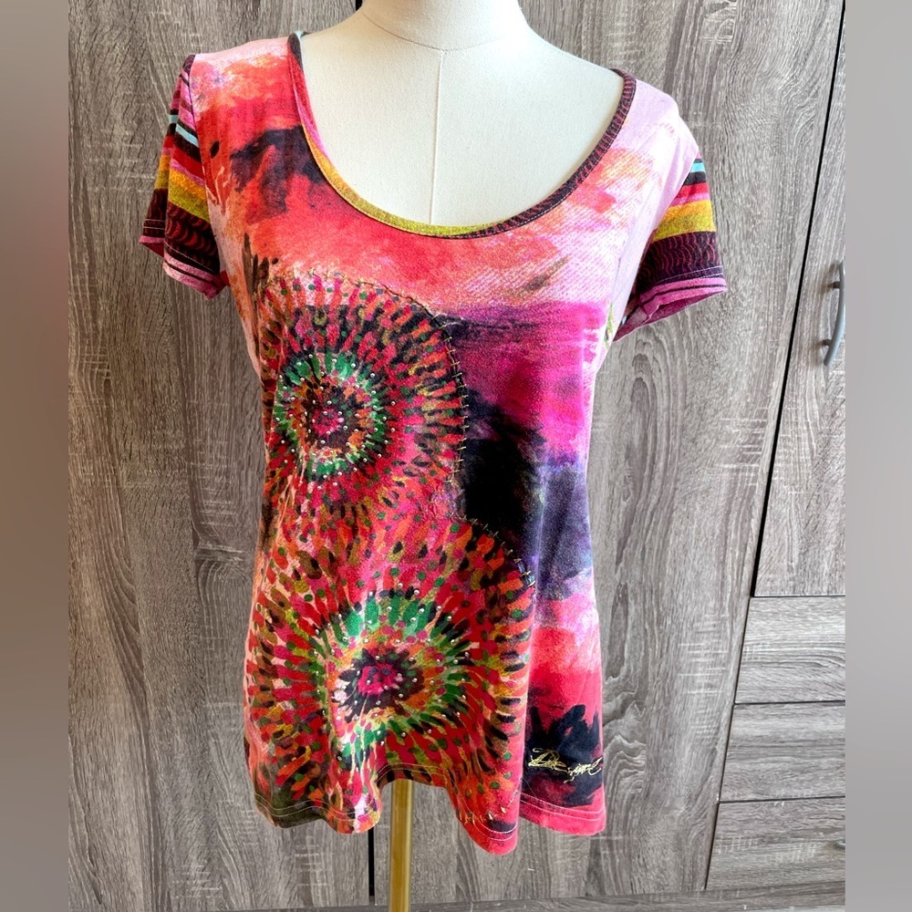 DESIGUAL Colorful Mandala Print Striped Designer T-Shirt. Size M